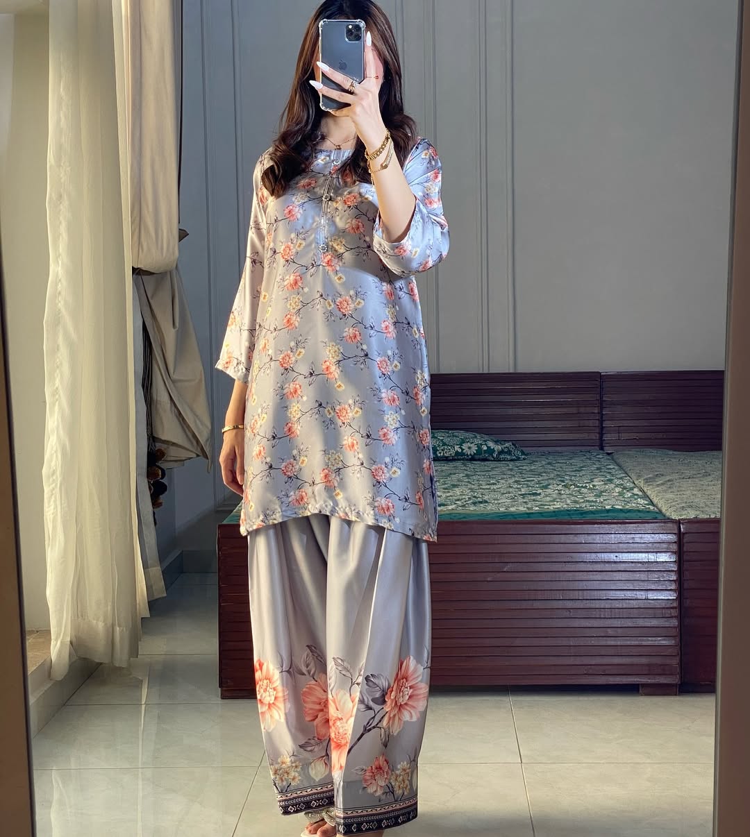 Shamooz Silk 2-Piece Suit with Farshi Shalwar | Small, Medium, Large Sizes Available